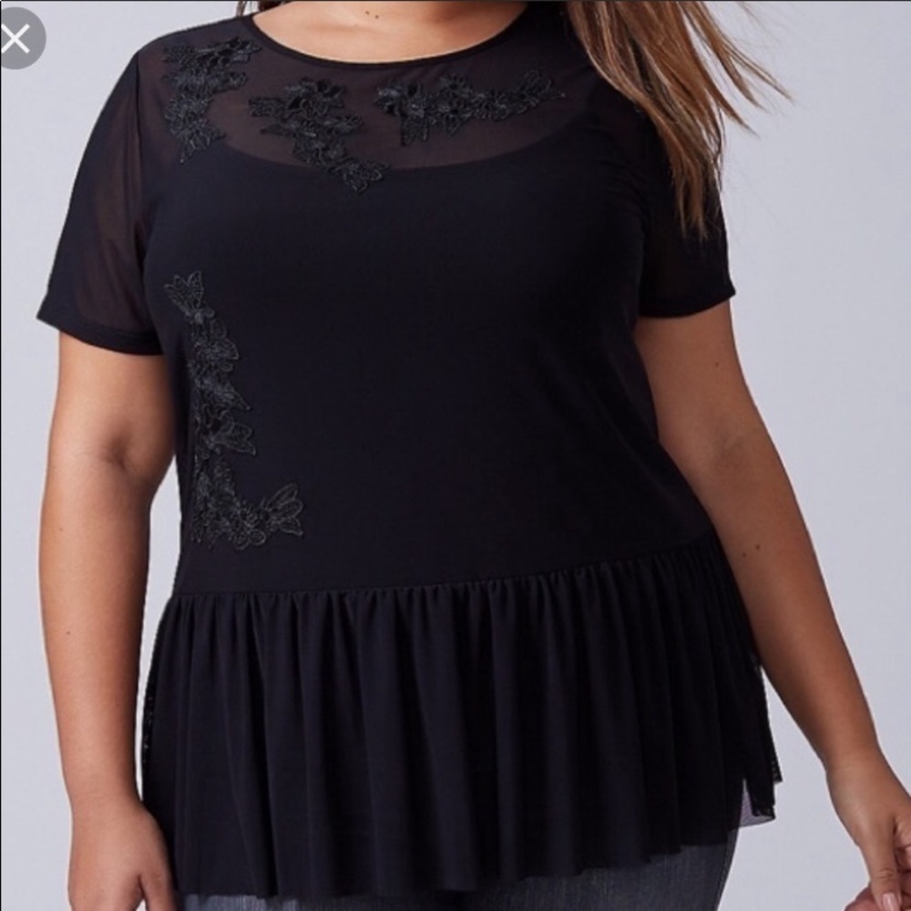 LaneBryant mesh peplum babydoll top w embroidery